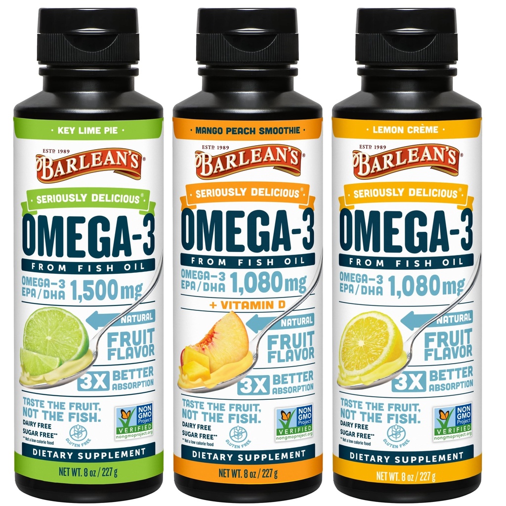 Barlean's Omega 3 Fish Oil Vequid Supplement 3-Flavor Variety Pack meestele ja naistele, EPA ja DHA Fatty Acid, Sisaldab Key Lime Pie, Sidrun Crème ja Mango Peach Maitseained, 8 oz