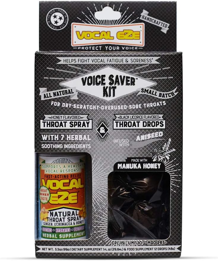Vocal Eze Voice Saver Kit, Sisaldab Vocal Herbal Throat Spray (1) ja (12) Manuka Honey Drops | Leevendada valu, kähedus, väsimus, kuivus kurgu | Immune Support, Natural Ingredients (Aniseed)