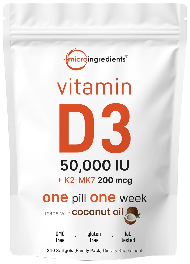 Mikrokoostisosad Vitamiin D3 50 000 RÜ + K2 MK-7 200 mcg, 240 Softgels | Neitsi kookosõli | 2-in-1 luu, immuun- ja südametoetus | Lihtne neelata, mitte-GMO