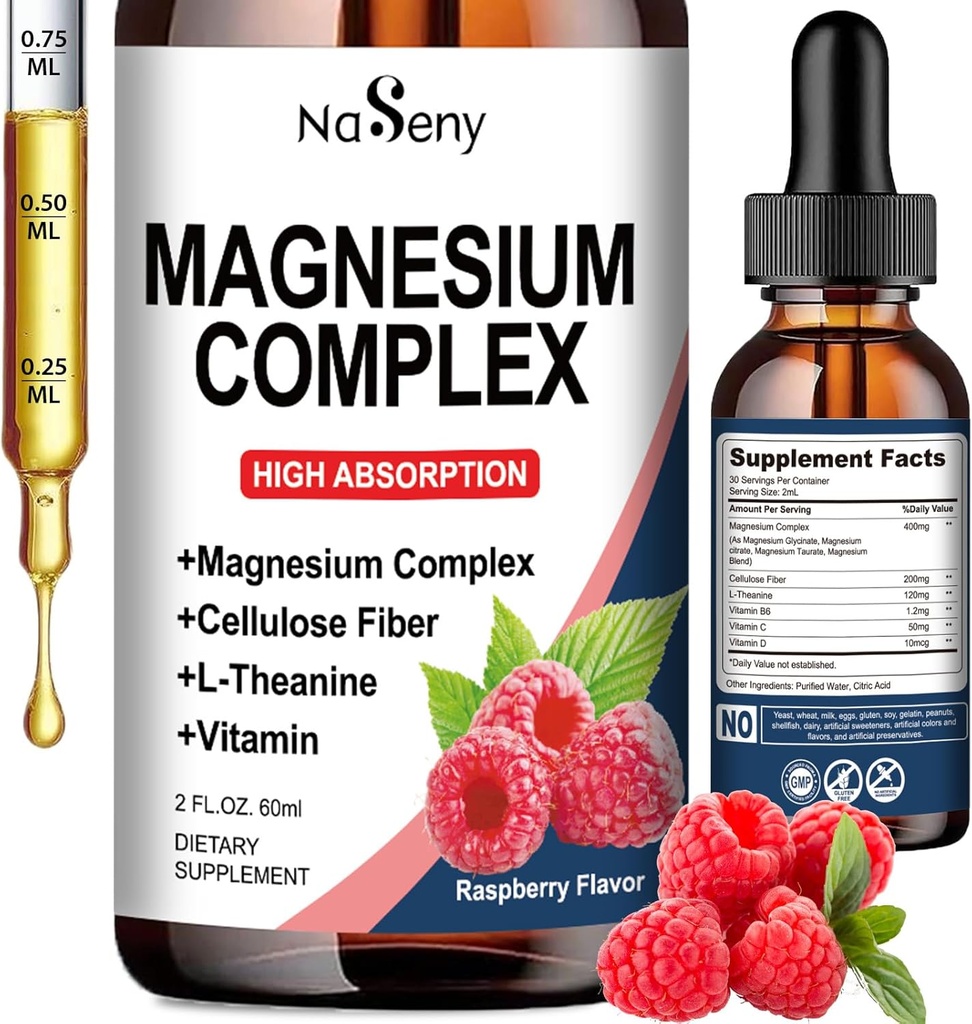 Magneesiumi komplekslisand, 400 mg magneesiumglütsinaati, malaadi ja tsitraadi vitamiini segu naistele ja meestele, kõrge imendumine - lõõgastumiseks, hea une ja närvide terviseks (60ML / Vaarika)