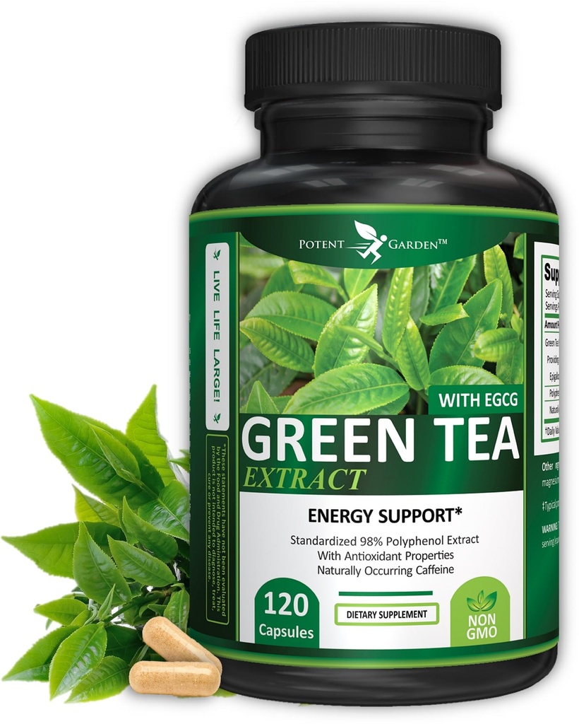 Potent Garden Green Tea Extract EGCG Natural Energy, vaimne fookus, immuunsüsteemi tugi, antioksüdant ja terve südame valem, Non-GMO 120 Green Tee ekstrakt kapslid