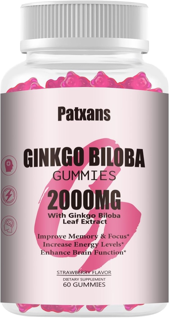 1 Pack 2000mg Ginkgo Biloba Gummies - Ginkgo Biloba lisandid aju tervise toetamiseks, meeleolu ja fookuse parandamiseks, energia, täiskasvanu, maasikamaitse, 60 krahv
