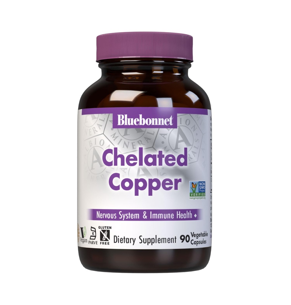 Bluebonnet Nutrition Albion Kelated Copper, 3 mg vask, Närvisüsteemi ja immuunsüsteemi tervise *, Sojavaba, Gluteenivaba, Non-GMO, Kosher Certified, Piimavaba, Vegan, 90 köögiviljakapsel, 90 Servings