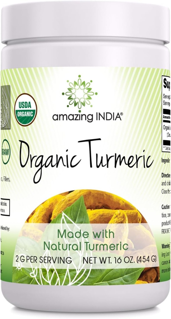 Amazing India USDA sertifitseeritud orgaaniline kurkum pulber 16 Oz (1 Lb) täiendus | Mitte-GMO | Gluteenivaba | Valmistatud USA-s
