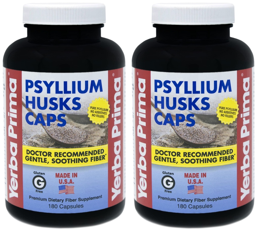 Yerba Prima Psyllium Husk kapslid - 180 kapslit (pakk 2) - Kergesti neelatav kiudainelisand - Colon Cleanse - Soolestiku tervis - Non-GMO Gluten Free