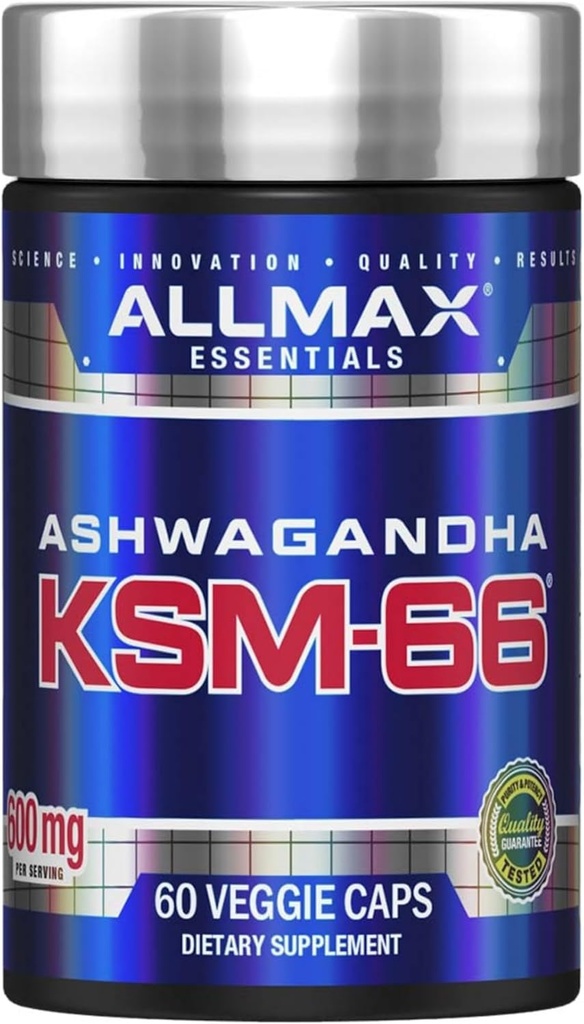 ALLMAX Essentials Ashwagandha KSM-66 (60 Veggie Caps) - Suurendage lihaste tugevust ja taastumist - Mitte-GMO, Gluteenivaba - 30 serveerimist