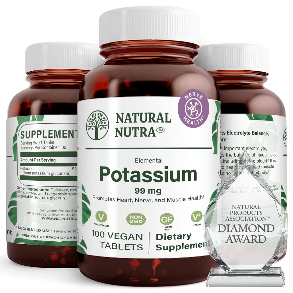 Natural Nutra Elemental Kaalium Gluconate 99 mg Toidulisand - Soodustab Energiat, Aitab Suurendada Närvisüsteemi, Soodustab Südame Tervist, Mineraalregulatsiooni, Lihasfunktsiooni - 100 Vegan Tablett