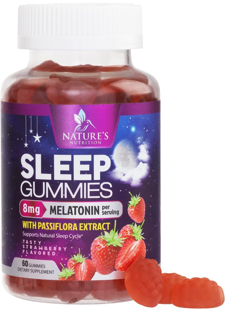 Täiskasvanute unekummid ekstra tugevus 8mg - melatoniin koos Passiflora ekstraktiga rahutu une jaoks - kiire tegutsemine melatoniini unekummi täiendus, vegan, mitte-GMO, maitsev maasikamaitse - 60 Gummies