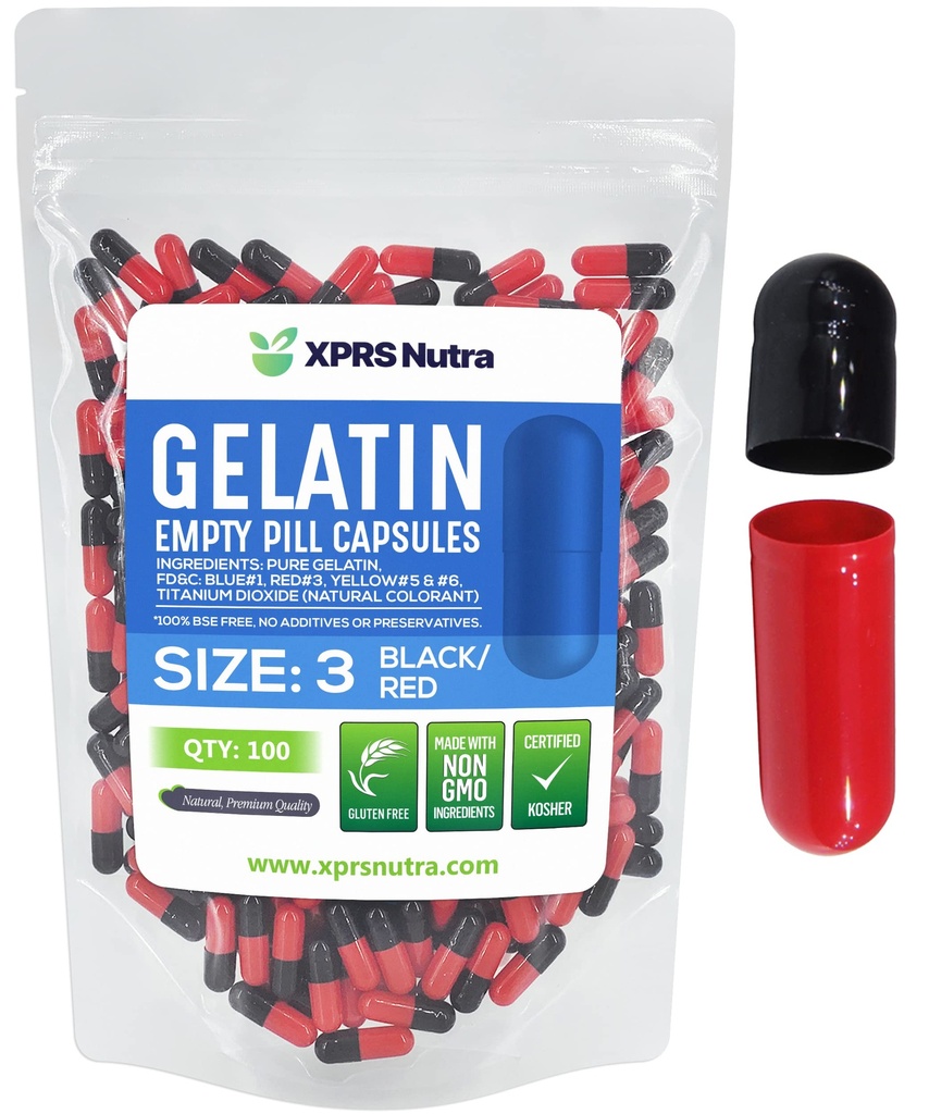 XPRS Nutra suurus 3 Tühja kapslit - 100 loend Tühjad želatiinkapslid - Pillid DIY kapsli täitmine - Puhas Veise geel Kapslid Täidetavad Do-It-Yourself vitamiinide ja toidulisandite jaoks (must / punane)