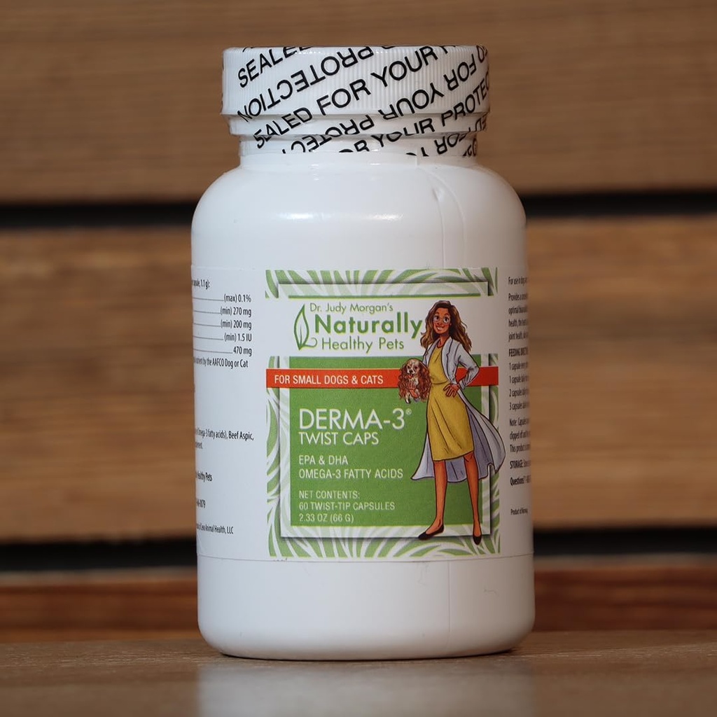 Dr Judy Morgani looduslikult tervislikud lemmikloomad Derma-3 Omega3 Kalaõli keerdusmütsid koertele ja kassidele (väikesed)