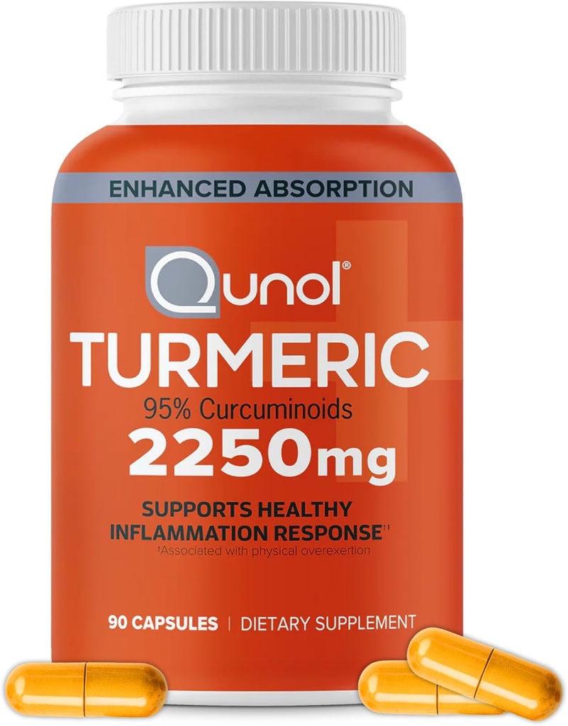 Qunol Turmeric Curcumin with Black Pepper, 2250mg Turmeric Extract with 95% Curcuminoids, Extra Strength Turmeric Supplement, Enhanced Absorption, Joint Support Supplement, 90 Vegetarian Capsules