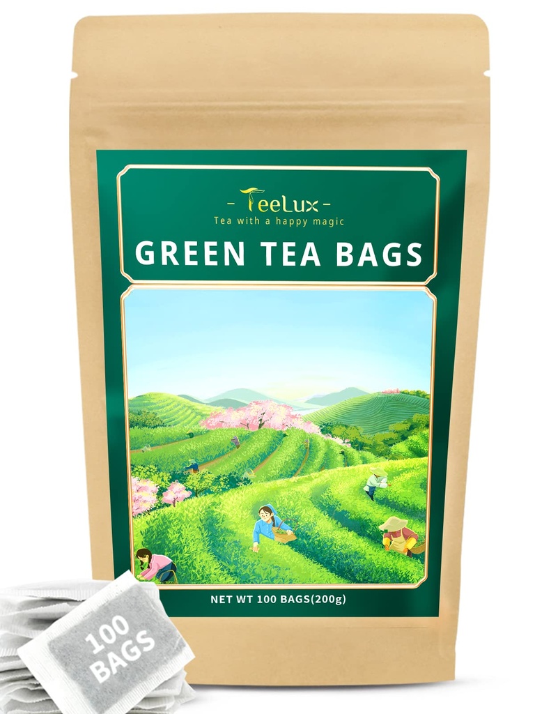 TeeLux Green teekotid, looduslik puhas roheline tee, super antioksüdant, kofeiiniga, 100 Count teekotid üldise tervise toetamiseks