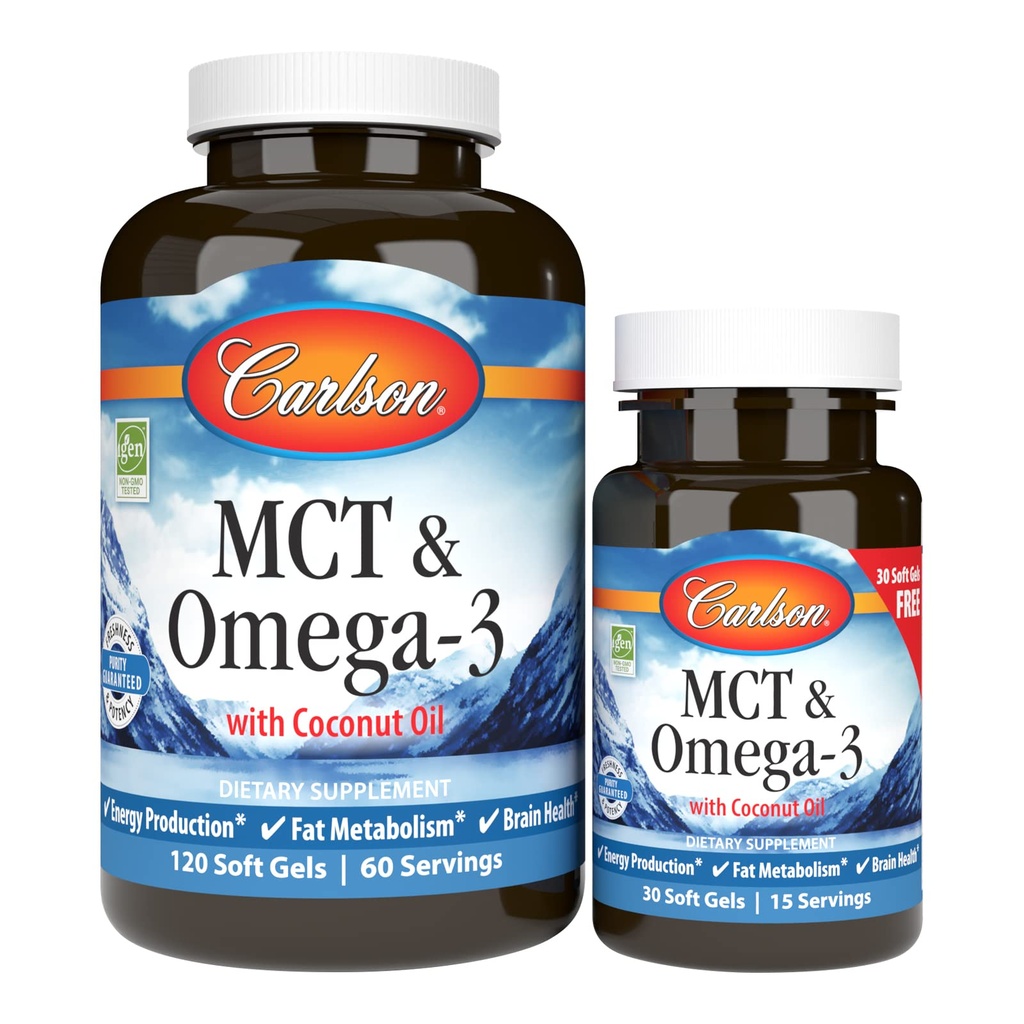 Carlson - MCT & Omega-3, kookosõli, kaprüül ja kapriinhapped, EPA & DHA, energiatootmine, rasva ainevahetus ja aju tervis, 120 + 30 Softgels