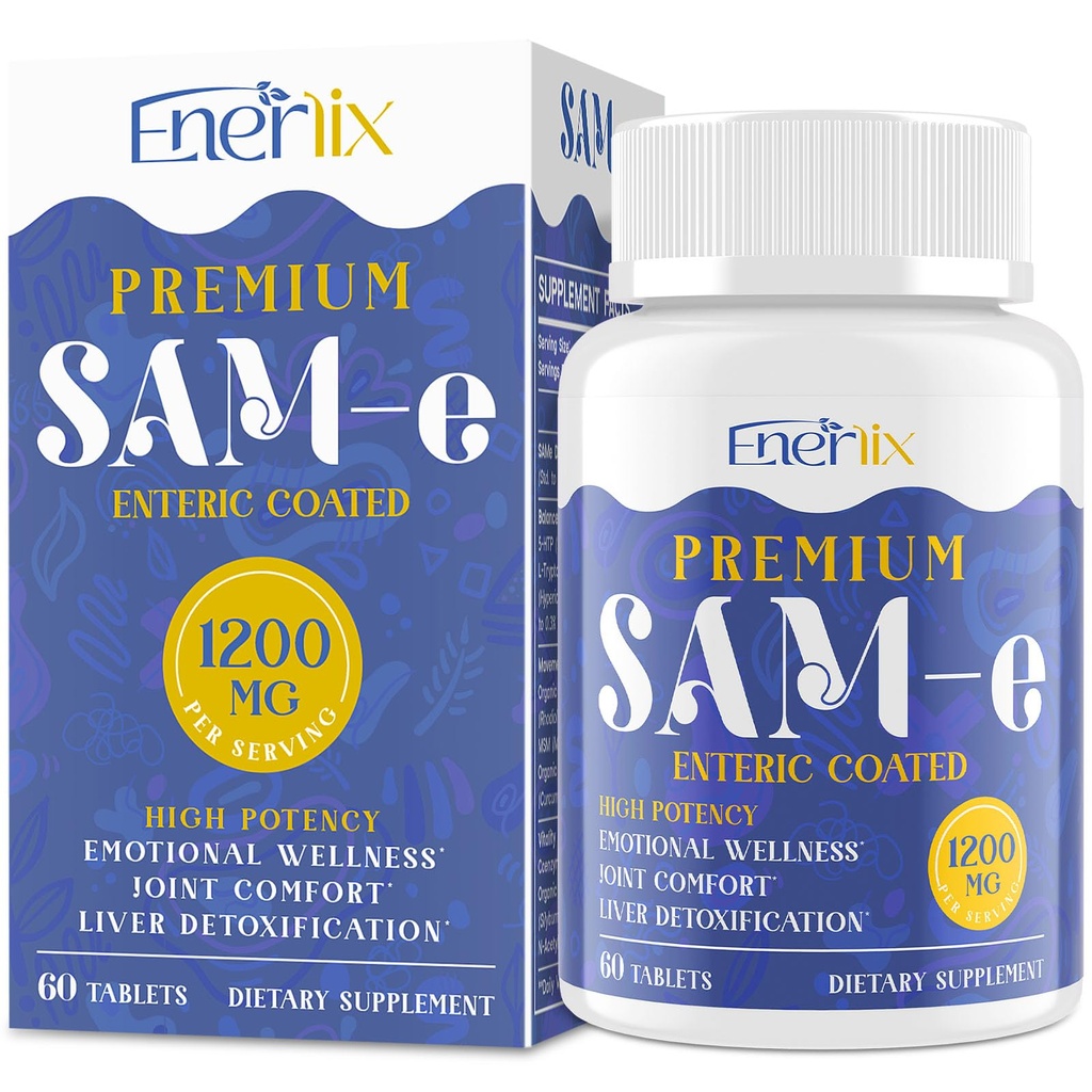 1200 MG SAM e Täiendus ajule, meeleolule, liigesele ja maksale, suure neeldumise SAM-e (S-adenosüül-L-metioniin) koos CoQ10, 5-HTP, Enteric kaetud 60 tabletti, Vegan