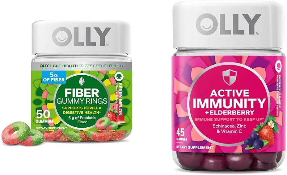 OLLY Fiber Gummy Rings 50ct & Active Immunity+Elderberry Gummies 45ct Berry Maitseained Seedetrakti Ja Immuunsüsteemi Toetus
