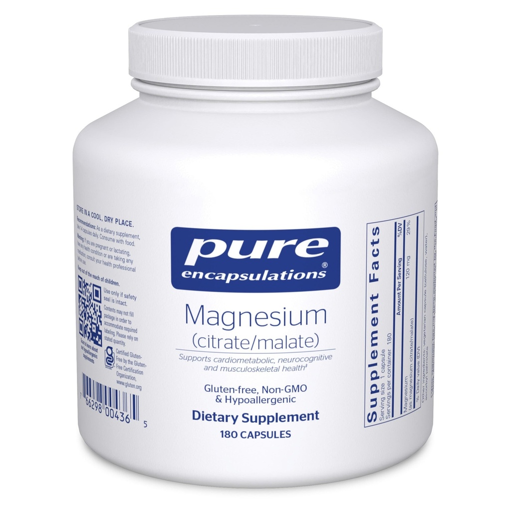 Puhas kapseldamine Magneesium (tsitraat / malaat) - magneesiumi lisand toitainete kasutamise, energia, luude ja südame tervise toetamiseks * - magneesiumtsitraadi ja malaadiga - 180 kapslit