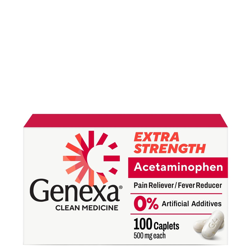 Genexa puhas atsetaminofeen 500mg ekstra tugevus, värvivaba valu leevendav palavik vähendaja, 0% kunstlikud lisandid, valuvaigistid täiskasvanutele, leevendab peavalu, seljavalu, väike artriit Valu, 100 tabletti