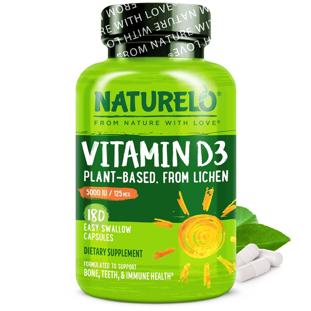 NATURELO D-vitamiin - 5000 IU - taim, mis põhineb samblikul - looduslik D3 lisand immuunsüsteemile, luude tugi, liigeste tervis - kõrge tugevus - vegan - mitte-GMO - gluteenivaba - 180 kapslit
