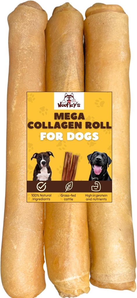 Woofley's Extra Thick Collagen Roll (10-12 tolli - 3 PCS) - Närid koertele - Bully Stick Rawhide Alternatiivsed Koer närib keskmise ja suurte koerte jaoks