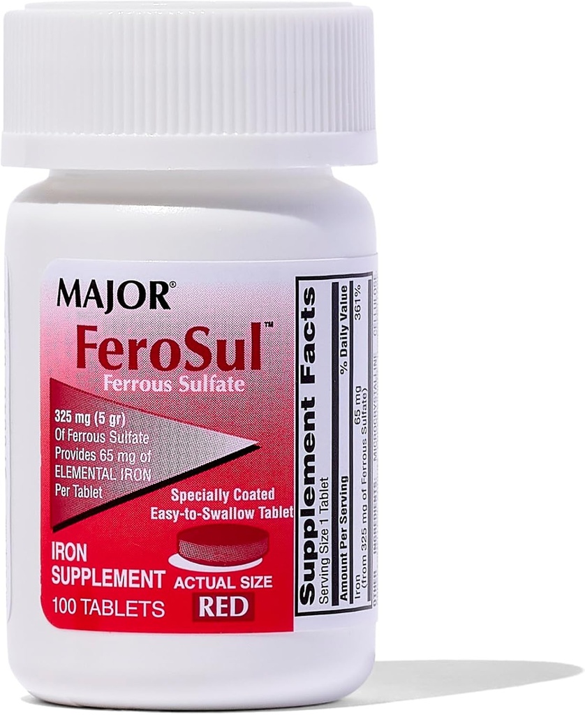 Major Ferosul - raudsulfaat 325mg tabletid 65mg elementaarne raud - Raud täiendus naistele, meestele - punane - 100 krahv