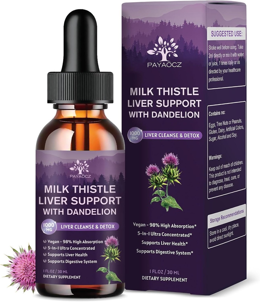 (1 Pack) Piimaohaka ekstrakti tilgad Silymarin 1000mg, Maksatervise toetus Vedelik Dandelion Juur & Artišokk, Puhasta ja Detox & Remont Maksataimelisandi, Vegan, Non-GMO, 1 Fl Oz