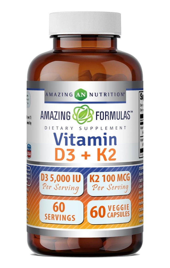 Amazing valemid Vitamiin D3 5000 RÜ vitamiin K2 100 mcg | D3 + K2 komplekslisandi | Veggie kapslid | Mitte-GMO | Gluteenivaba | Valmistatud USAs (60 loend)