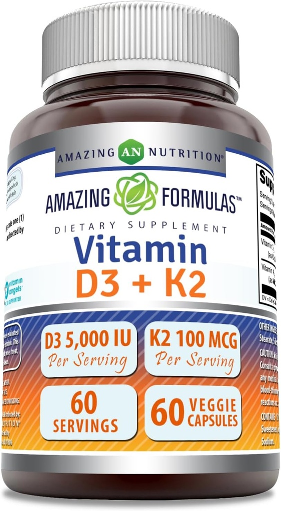 Amazing valemid Vitamiin D3 5000 RÜ vitamiin K2 100 mcg | D3 + K2 komplekslisandi | Veggie kapslid | Mitte-GMO | Gluteenivaba | Valmistatud USAs (60 loend)