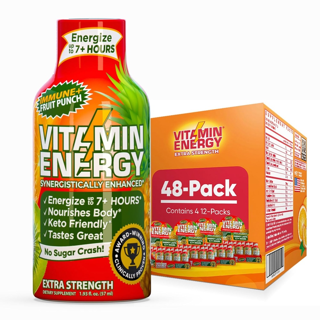 Vitamiinenergia Immuunsus + ekstra tugevus Energia Shot Fruit Punch 48 Pack, 260mg looduslik kofeiin, B-vitamiinid, tsitikoliin, roheline tee, immuunsuse ja fookuse toetus, null suhkur, gluteenivaba 1,93 fl oz