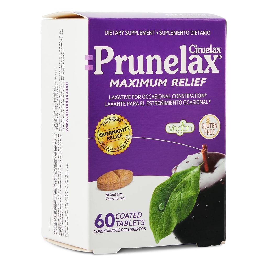 Prunelax Ciruelax Maksimaalne leevendus lahtistav tablett koos Natural Senna aeg-ajalt kõhukinnisus, Senna ekstrakt, Vegan & Gluteenivaba, õrn üleöö Relief - 60 ct