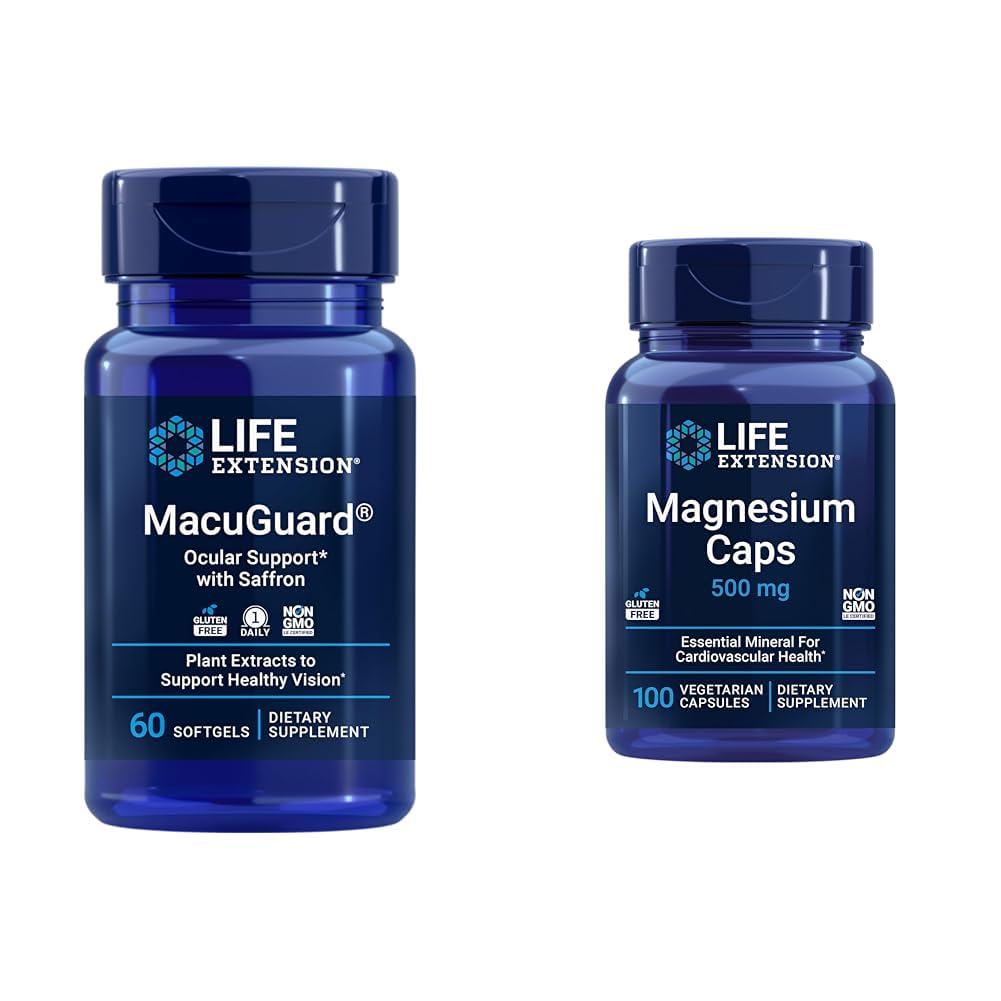 Life Extension MacuGuard Eye Health Supplement koos magneesiumkapslitega 500mg - luteiin, tseaksantiin, meso-zeaksantiin ja safran tervisliku nägemise jaoks - 60 Softgels ja 100 Taimekapslit
