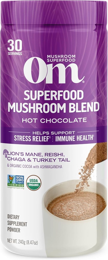 OM MUSHROOM SUPERFOOD kuum šokolaad Blend – Hollandi kakao Lõvi Mane, Reishi, Chaga & Türgi sabaga – toetab fookust, rahu ja stressi leevendamist – 2 g suhkrut, 25 kalorit – 8,47 oz kanister (30 serveerimist)