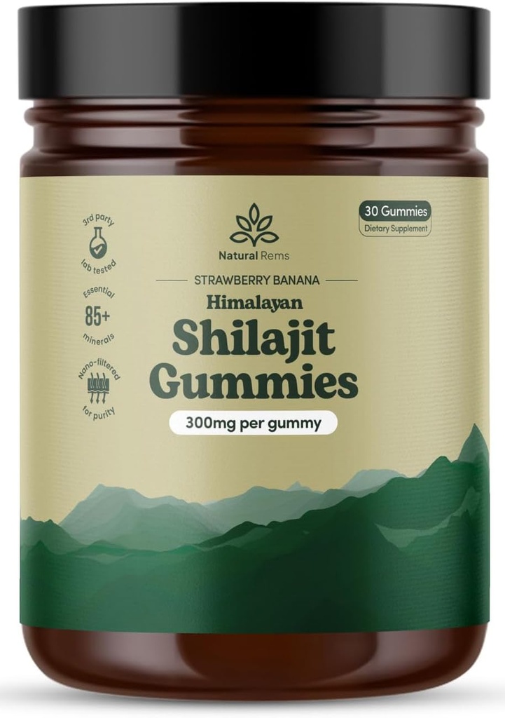 Natural Rems Orgaaniline Shilajit Gummies meestele ja naistele - Lab Testitud - Made in USA - Pure Himalayan Organic - Fulvic Acid - Energy and Focus - Holistic Health Supplements (Maasikas Banana)
