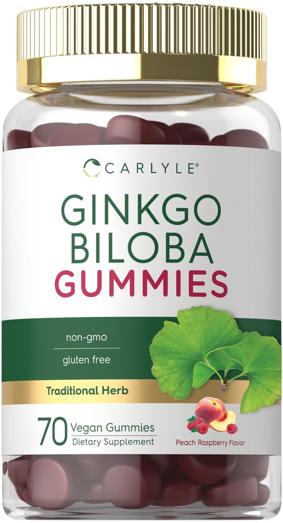 Carlyle Ginkgo Biloba 300mg | 70 Gummies | 45: 1 Leaf Extract | koos Peach Vaarika Maitsega | Vegan, Non-GMO, Gluteenivaba täiendus