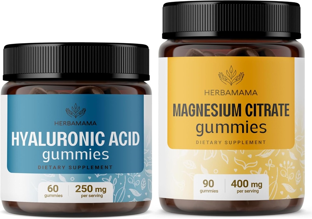 HERBAMAMA Hüaluroonhappe ja magneesiumi komplekt - 250 mg hüaluroonhappe ja 400 mg magneesiumtsitraadi kummid - vegan, GMO-vaba, želatiinivaba - 2 pakendit