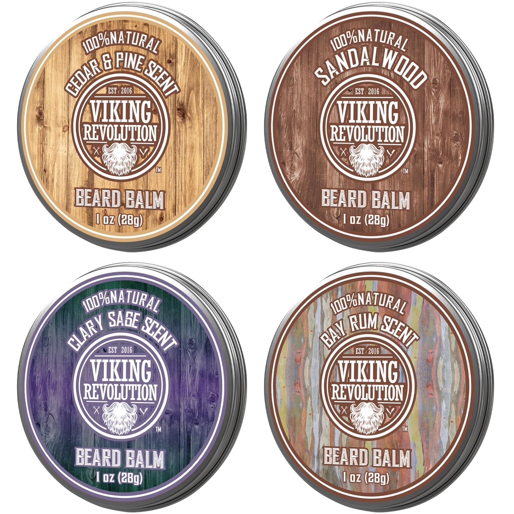 Viking Revolution 4 Beard Balm Variety Pack (1oz iga) - Sandalwood, Pine & Cedar, Bay Rum, Clary Sage - Stiilid, tugevdused ja pehmed habemed ja vuntsid - vaha meestele