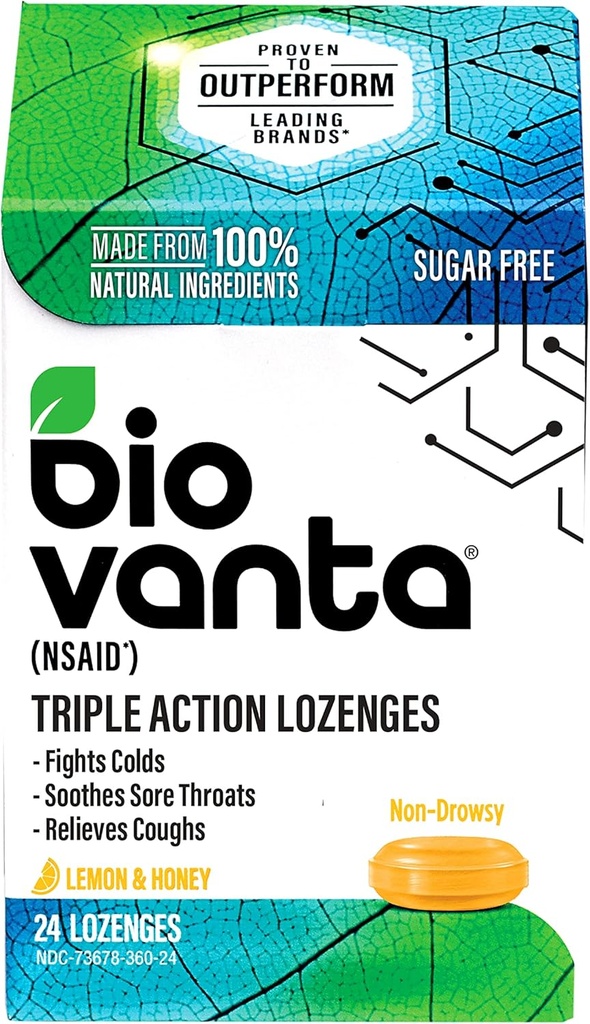 Biovanta looduslikud koostisosad Suhkruvabad kreemid köha, külma ja valuliku kurgu jaoks, 24 Sidrun Honey Throat Lozenges