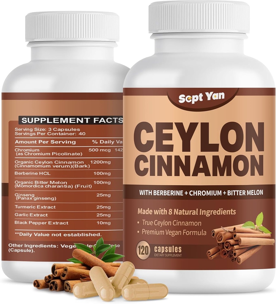 Ceylon Cinnamon Kapslid 1200mg Kaneelikoore Toidulisandid Kroom, Berberine HCL & Kurkum, Vegan, 120 Kapslid, Energia, Metabolism, Südame Ja Immuunsüsteemi Toetus