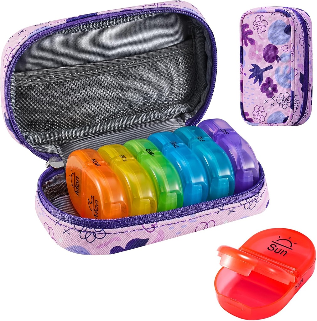 Serfeymi Weekly Travel Pill Korraldaja 2 korda päevas PM Täiustatud Vikerkaar Pill Box 7 päeva kaasaskantav Zipper PU Nahk pillid juhul, meditsiin Korraldaja pillid, vitamiinid, kalaõlid - Purple 02