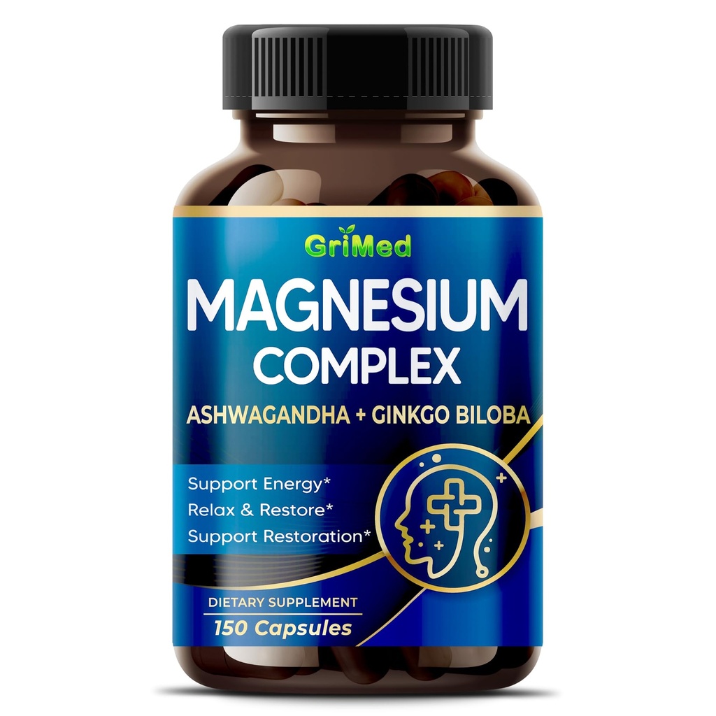 Magneesiumkompleks 8600mg - x8 Power koos Ashwagandha + Ginkgo Biloba - Lõõgasta ja taasta, rahulik uni - USA Made & Testitud (150 loend (pakk 1))