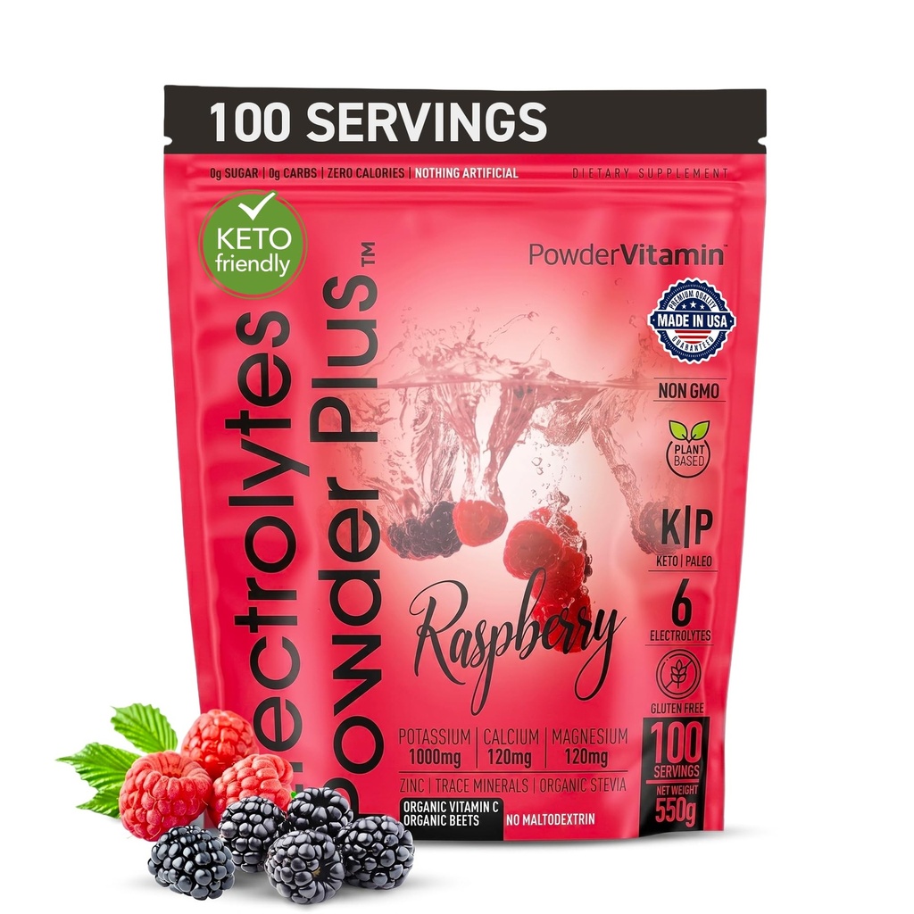 PowderVitamin Electrolytes Powder Plus (100 Servings) Vaarika elektrolüüt pulber, nullkalor, Keto, 0 Suhkur, No Maltodekstriin, 1000mg Kaalium, 120mg Kaltsium, 120mg Magneesium, Energia Hüdratsioon Pulber