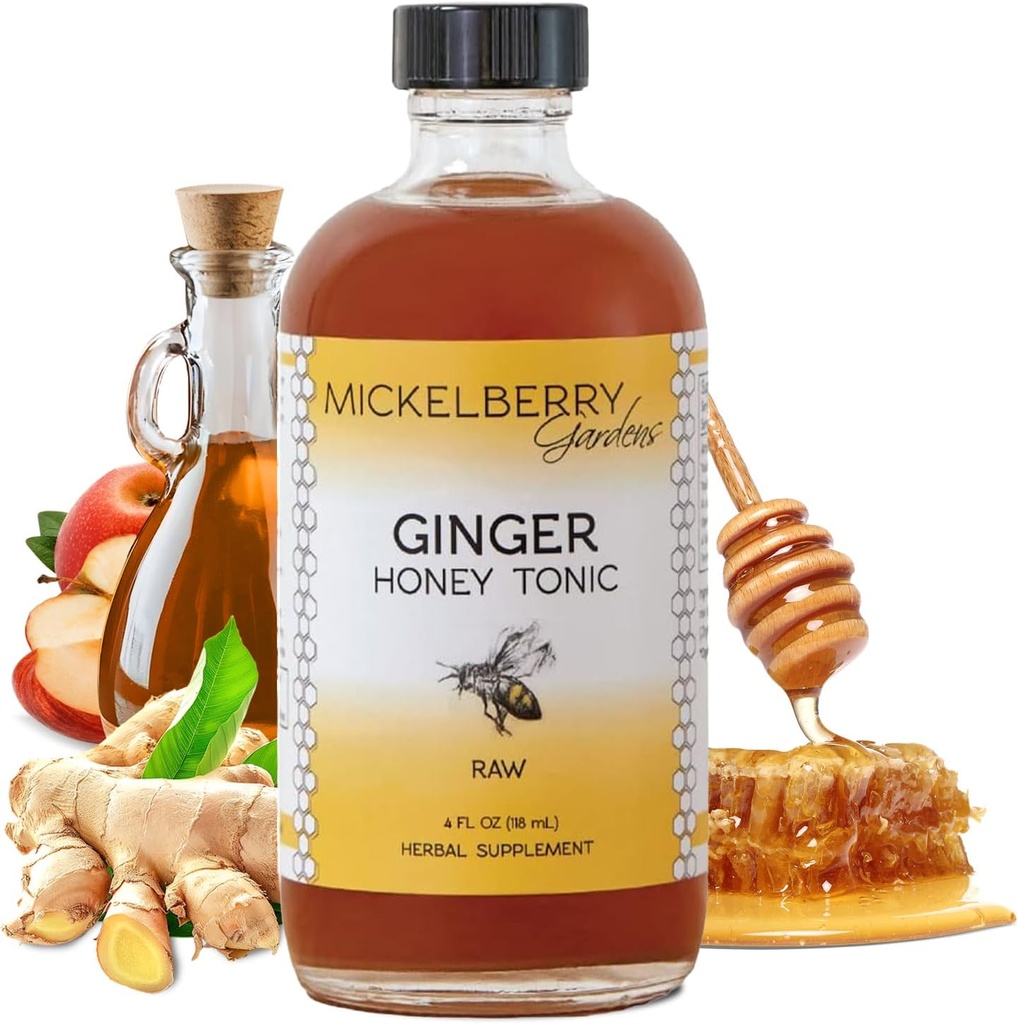 Mickelberry Gardens Immune Support Ginger Honey Tonic - Orgaaniline ingveri kaadrid ja siirup immuunsuse suurendamiseks, seedetrakti terviseks ja heaoluks - 4 Oz