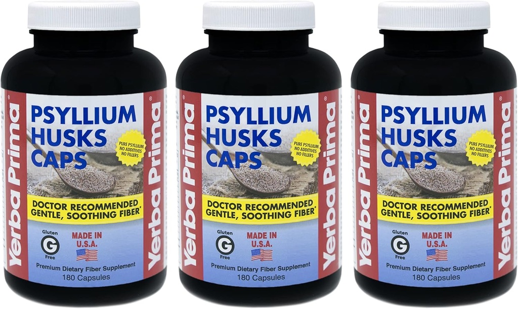 Yerba Prima Psyllium Husks kapslid - 180 kapslit (pakk 3) - naturaalne kiudainelisand - värvipuhastus - mitte-GMO gluteenivaba
