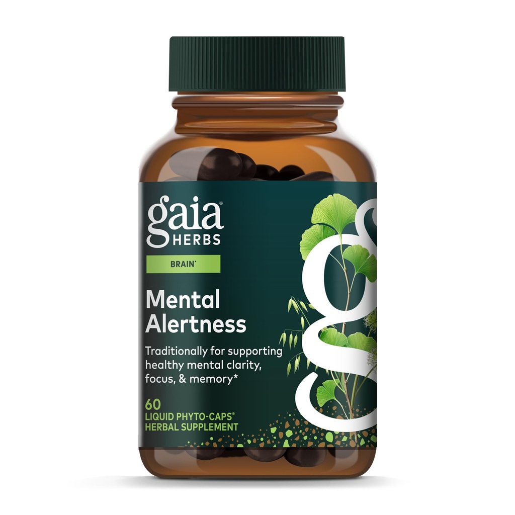 Gaia maitsetaimed Vaimne häire - Aju tugisammas, mis aitab säilitada fookust ja mälu * - Eleuthero, Ginkgo Leaf, Gotu Kola, Rosemary & Kaer - 60 Vegan Vegani Vedel Fütokapslid (15-päevane pakkumine)