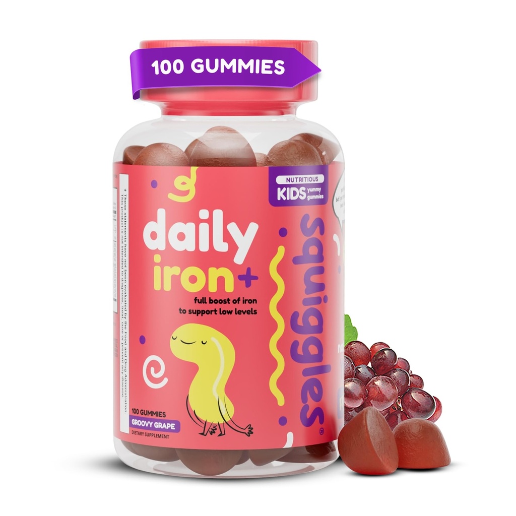 Squiggles Kids Daily Iron + Gummies - närimislisand koos rauaga, multivitamiin lastele, madal suhkur, vegan, väikelaste kummikud, Yummy viinamarjamaitse (100 krahv)