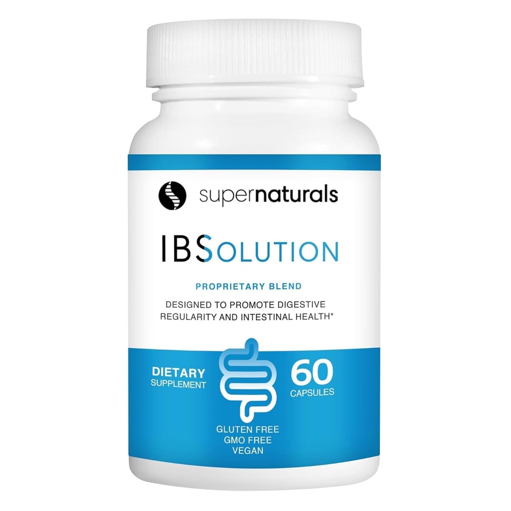 SuperNaturals IBSolution - Valmistatud USA-s, Non-GMO, Gluteenivaba & Vegan (60 kapslit) - Seedekulgla tervise täiendus koos Psyllium Husk - gaas, puhitus, kõhulahtisus, kõhukinnisuse leevendamine, kõhuvalu