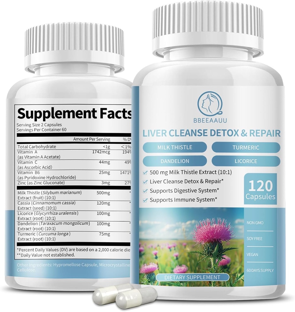 Piimaohakalisandi kapslid, maksa tervise valem, Dandelioni juurega, 10: 1 ekstrakt, maks Detox Cleanse Support, seedetrakti ja immuunsüsteemi jaoks, 120 Veggie Caps