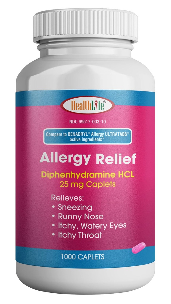 TERVISLIK LFE Allergia leevendamine, meditsiin Difenhüdramiin HCl kapslid, 25 mg | Lapsed ja täiskasvanud | Leevendab aevastamist, runny nina, heinapalaviku sümptomeid, sügelevaid silmi ja kurku (Large, 1000 Count)