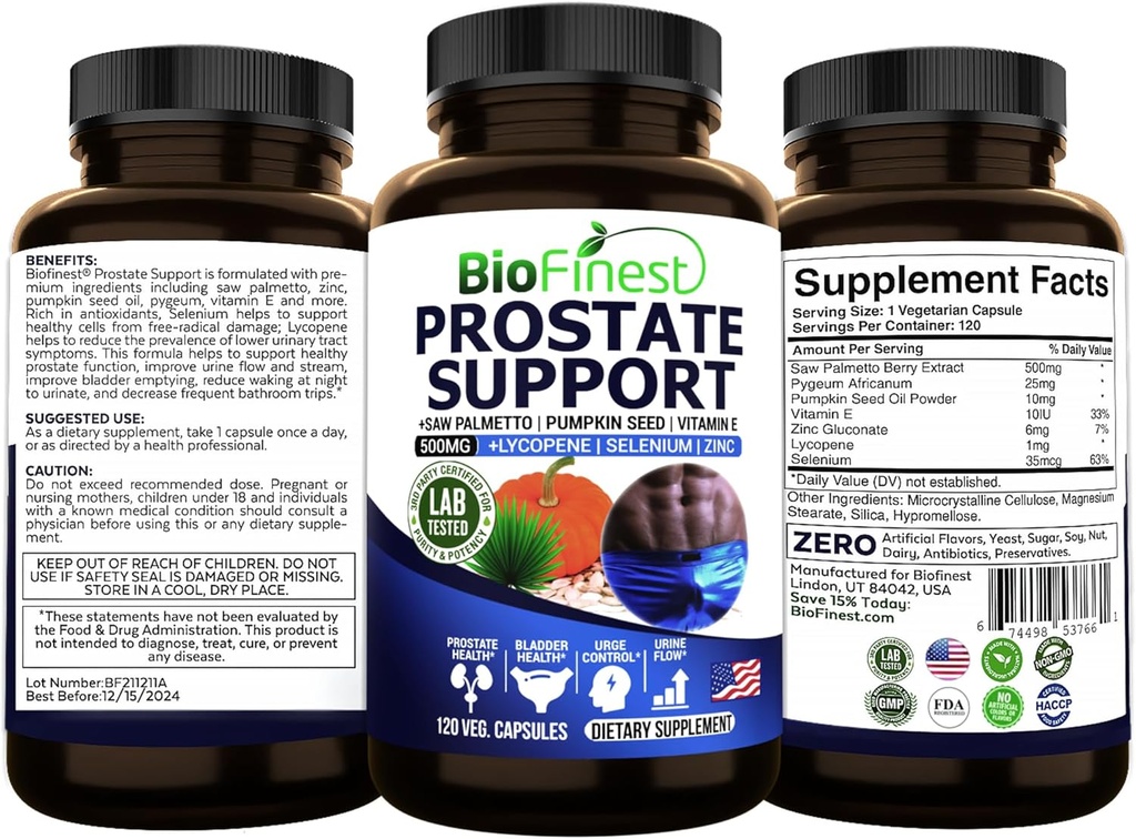 BioFinest eesnäärmetoetus meestele - Saw Palmetto Lükopeen Kõrvitsaseemned Pygeum Zinc Selenium - Tervislik uriinivoolupõie eesnäärme vitamiinilisand - valmistatud USAs (120 Veg. Kapsel)