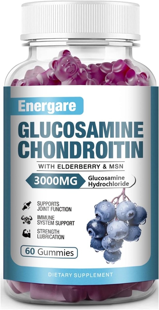 1 Pack 3000mg Glükosamiin Chondroitin koos MSM Gummies & Elderberry, ekstra tugevus ühine tugi Tervis, paindlikkus, Antioksüdandid, Immune Supplement Gummy täiskasvanutele, meestele ja naistele 60 loeb