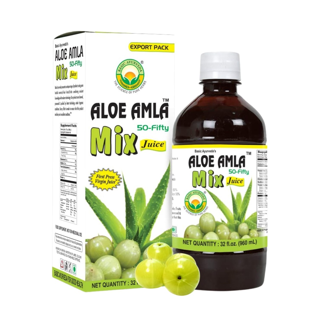 Basic Ayurveda Aloe Amla Mix Juice | Aloe Vera & Amla Fruit segu | Esimene pressitud Virgin Mahl | Taimne igapäevane jook | Vegan & Non-GMO | 32,46 Fl Oz (960 ml)